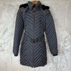 bebe Women’s Long Puffer Coat Black S Removable Fur Hood